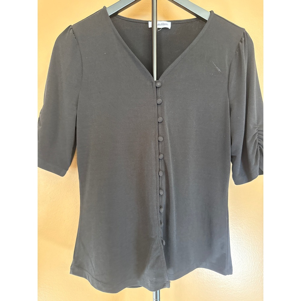 Calvin Klein Womens Black V-Neck Button Front Puff Sleeve Blouse Top Small